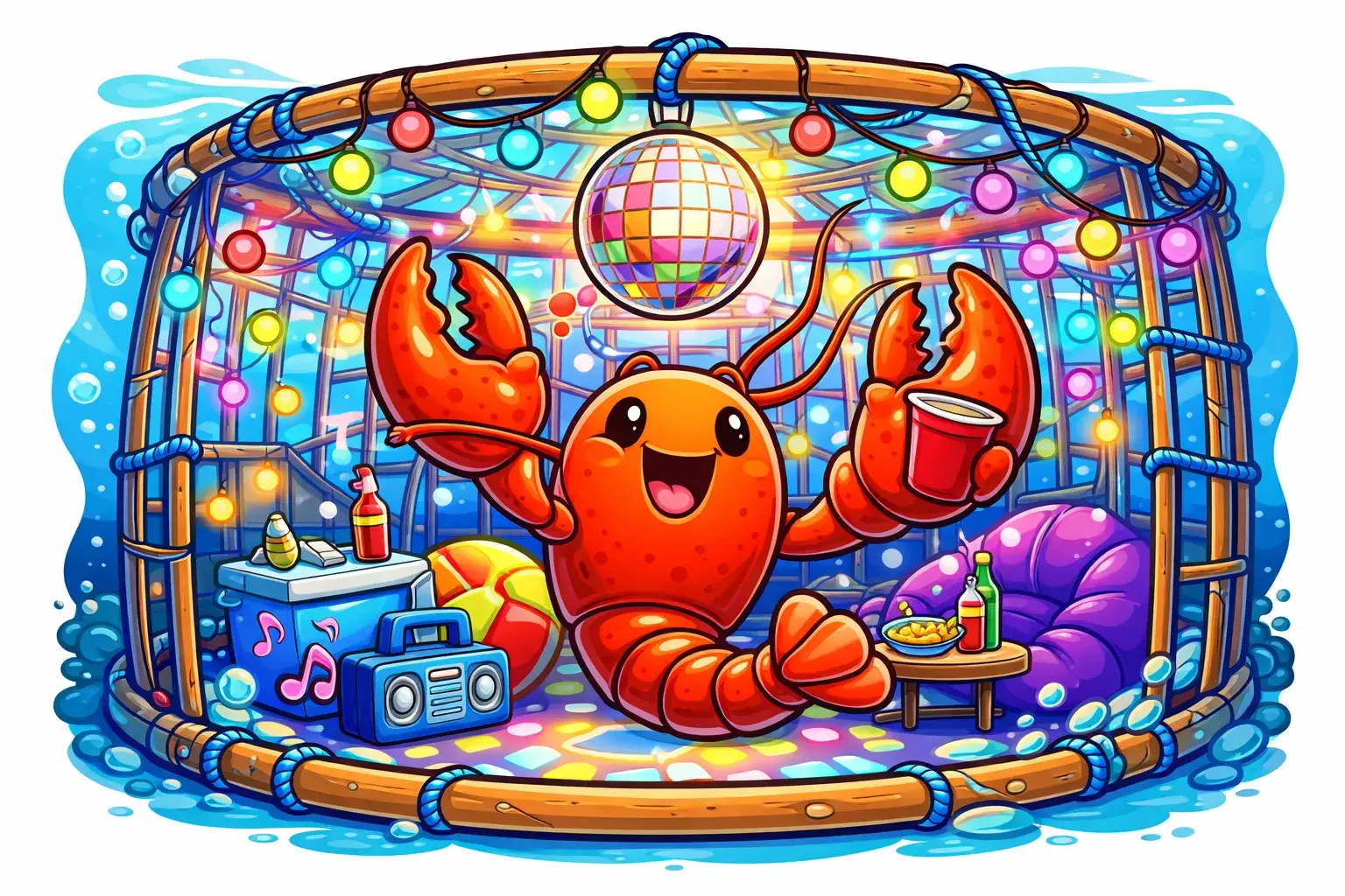 A cheerful cartoon lobster inside a lobster trap with a disco ball and party lights